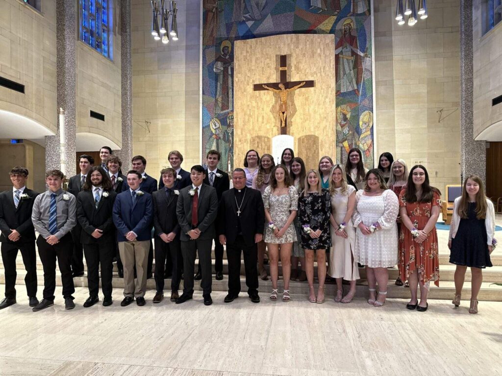 27 high school students receive Eagle of the Cross Awards with Bishop David Bonnar at St. Columba Cathedral, Youngstown on May 1, 2023. Photo credit: Collin Vogt