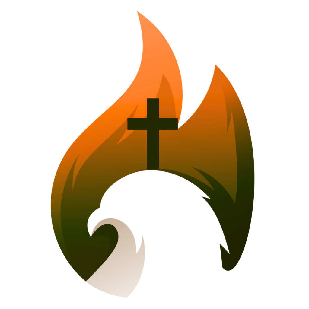 Eagle head topped with cross and surrounded by flame. Logo for Eagle of the Cross, Diocese of Youngstown
