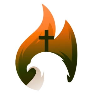 Eagle head topped with cross and surrounded by flame. Logo for Eagle of the Cross, Diocese of Youngstown