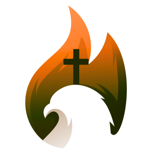 Eagle head topped with cross and surrounded by flame. Logo for Eagle of the Cross, Diocese of Youngstown