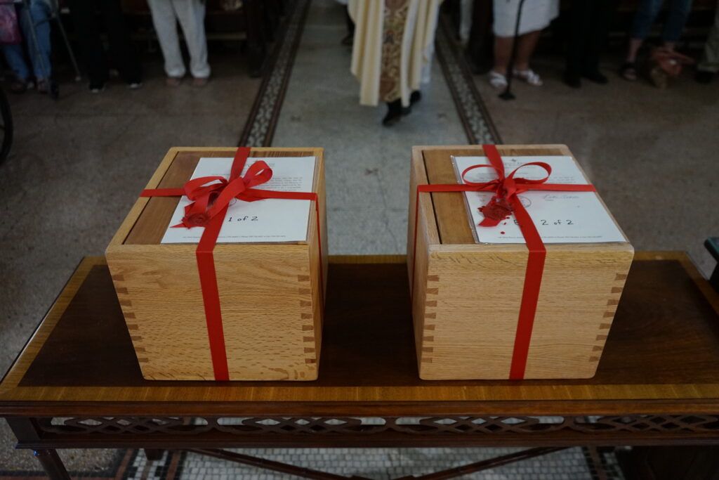Sealed boxes containing the documents from the Diocesan investigation into the Cause for Rhoda Wise