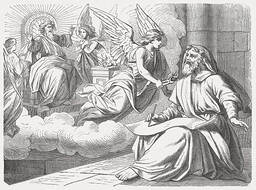Isaiah is visited by God the Father on a throne surrounded by angels with wings