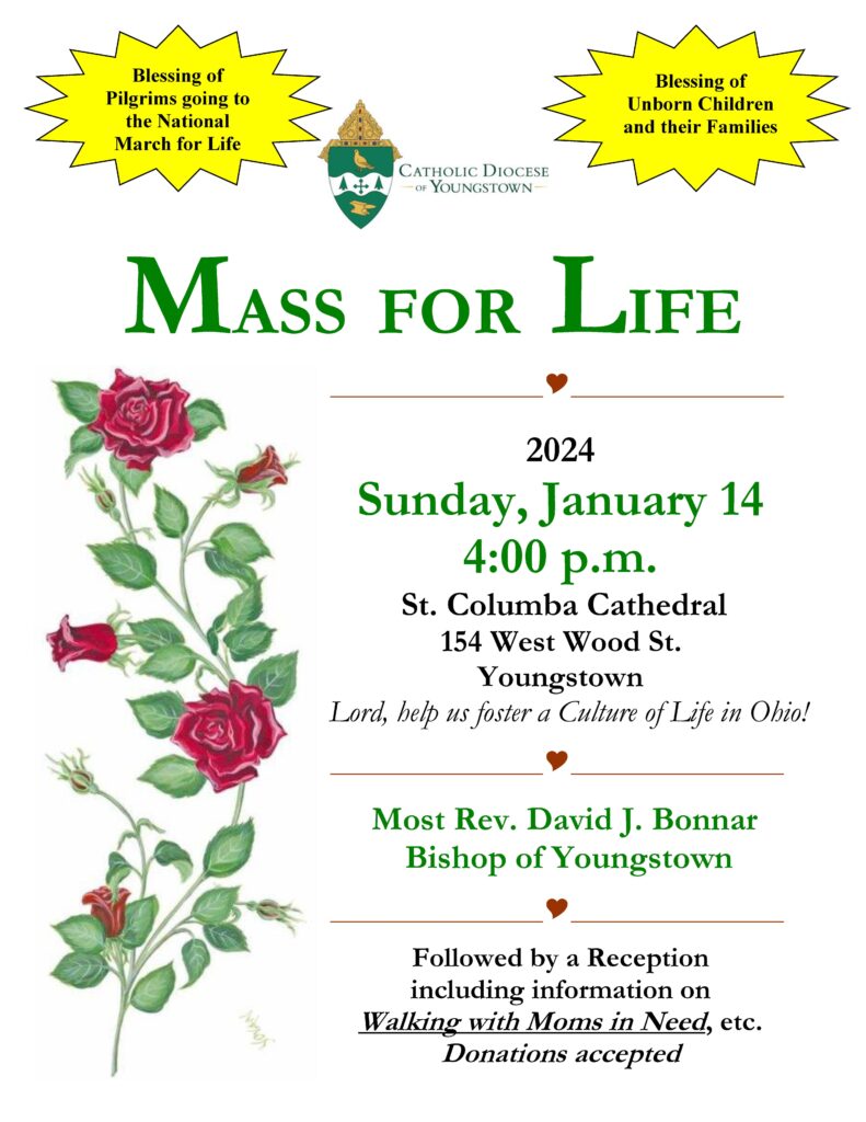 Mass for Life Flyer: Sunday, January 14, 2024 at St. Columba Cathedral, Youngstown, Ohio