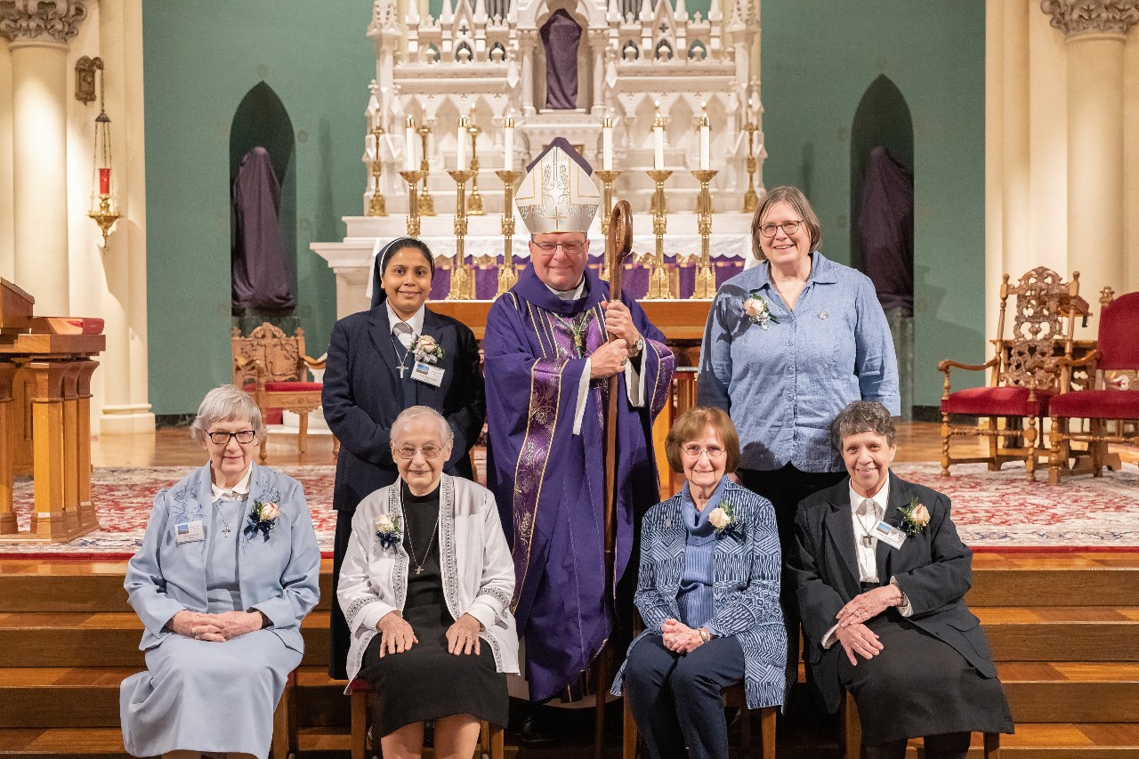 Seated are Sisters Kathleen Tobin, Mary Karlene Seech, Barbara Noble and Mary Ann DuPlain, standing with Bishop David Bonnar are Sisters Jiji Pallippattu and Mary Stanco. March 25, 2023 at Basilica of St. John the Baptist, Canton, Ohio. Photo Credit: Brian Keith