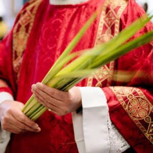 Priest wearing red vestments and carrying palm branches