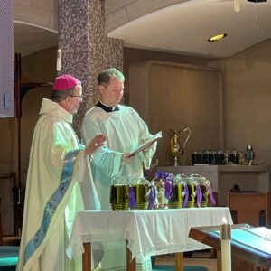 Bishop David Bonnar blessing the oils at Chrism Mass in St. Columba Cathedral, Youngstown, Ohio