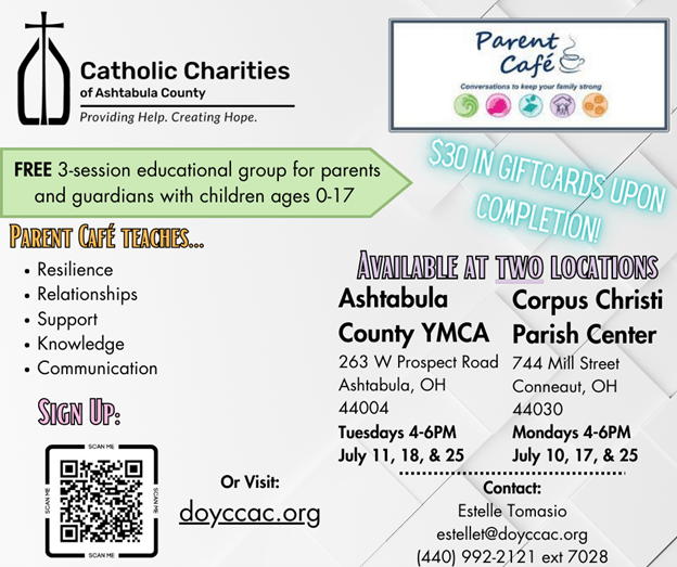 Visit doyccac.org for information about Parent Cafe at two locations in Ashtabula County