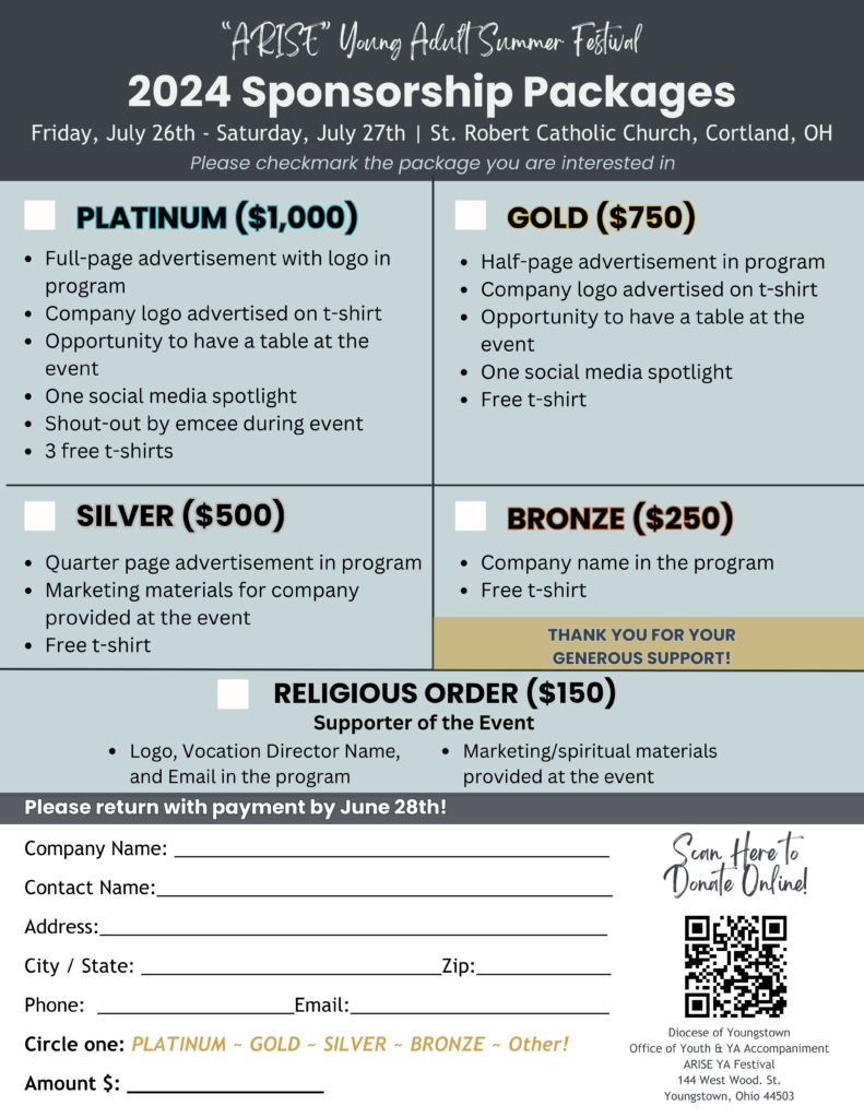 2024 Sponsorship Packages: Platinum $1,000; Gold $750; Silver $500; Bronze $250; Religious Order $150
