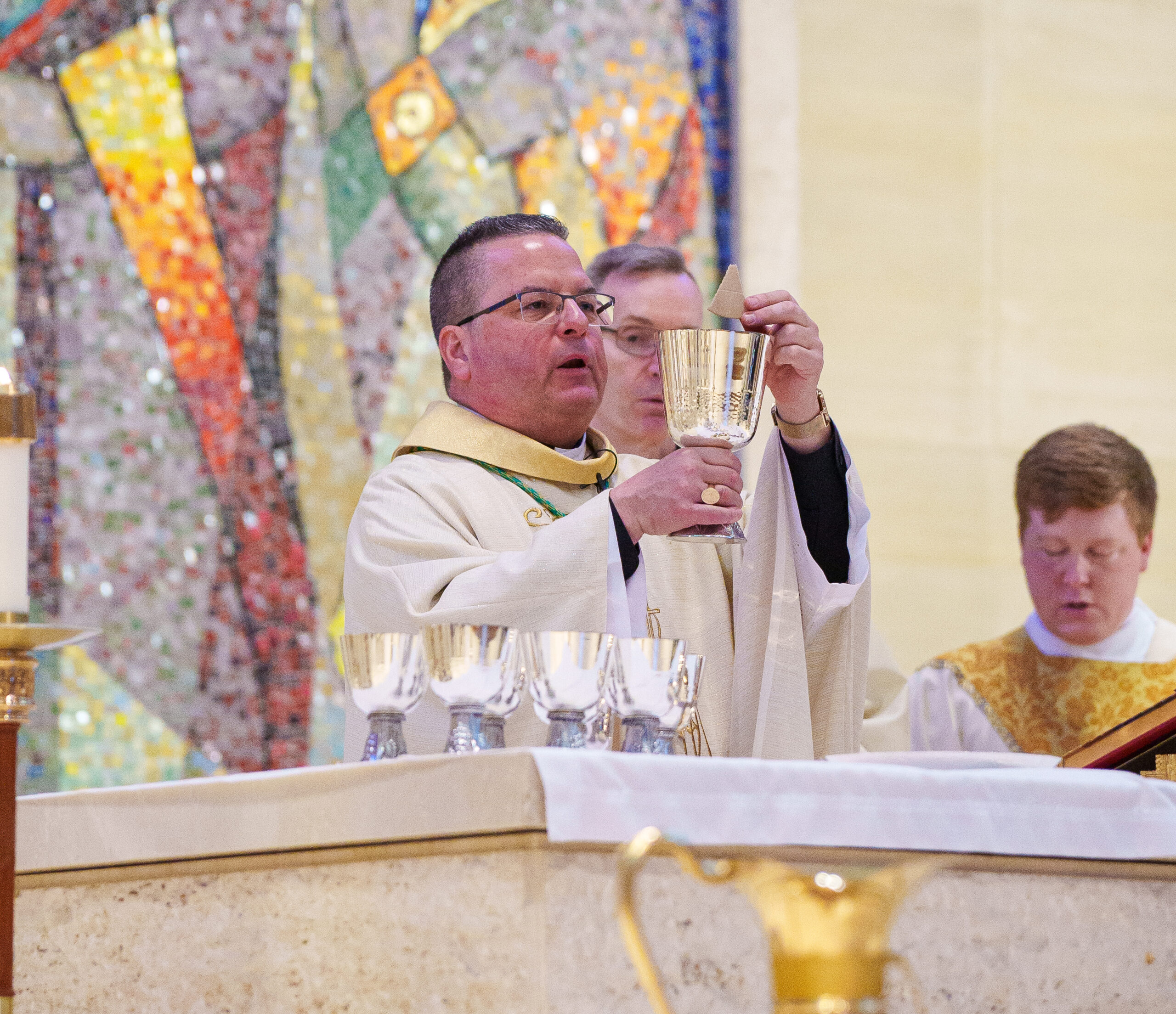 Bishop David Bonnar presides at the Chrism Mass at St. Columba Cathedral, Youngstown, Ohio, March 26, 2024. Photo by Jimmy Joe Savage.