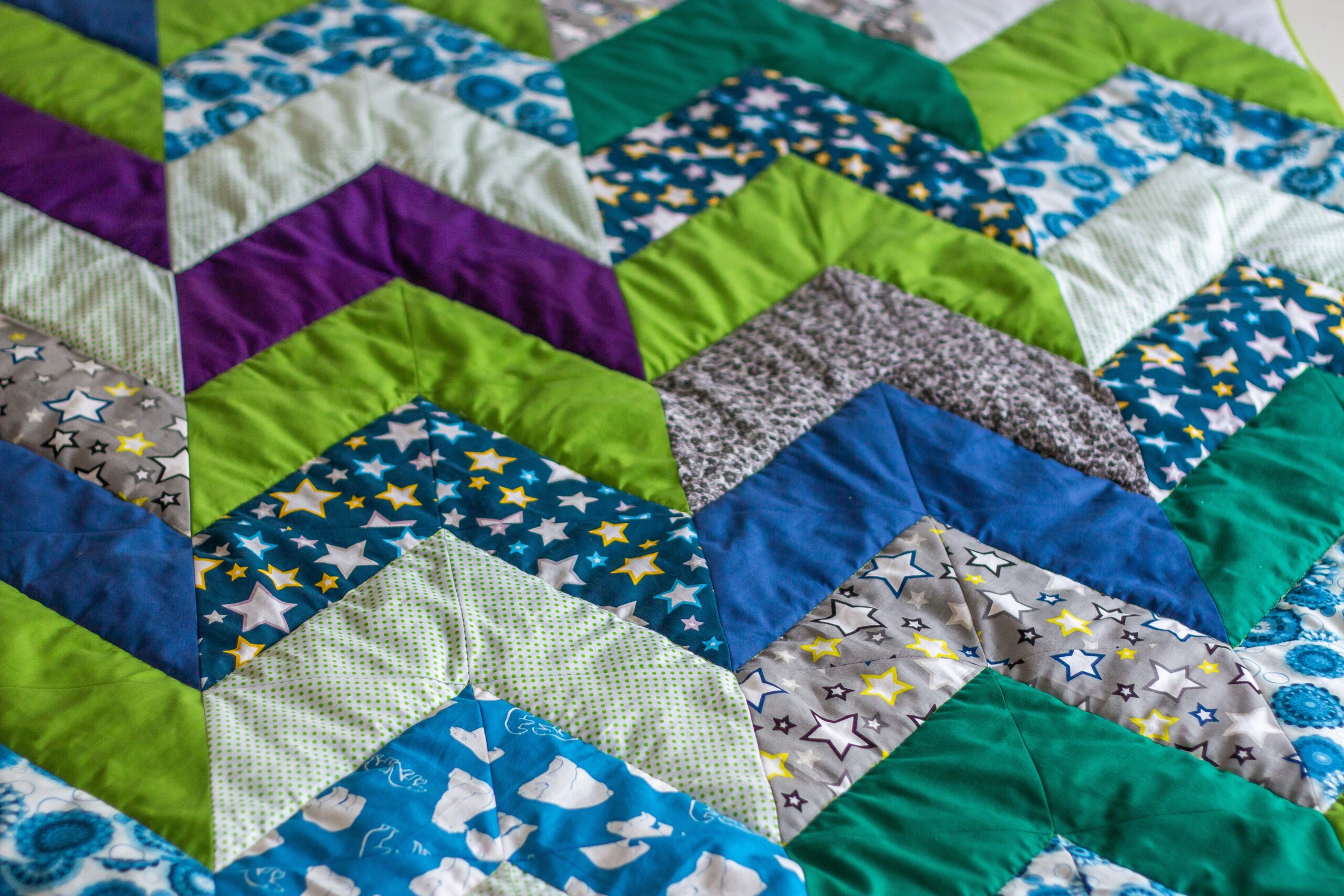 Patchwork Quilt close up with various patterns and colors