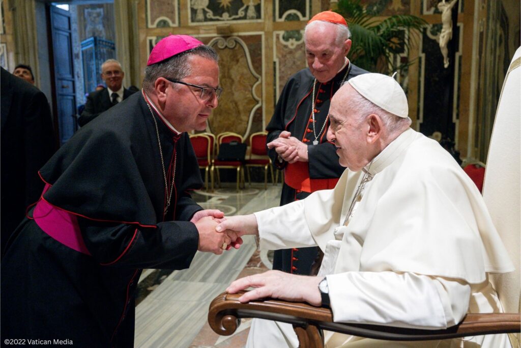 Bishop Bonnar meets Pope Francis, copyright 2022 courtesy of Vatican Media, all rights reserved