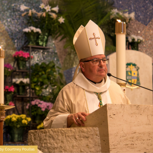Bishop Bonnar in gold and white vestments preaches a homily in St. Columba Cathedral during Easter season, April 24, 2025. Photo by Courtney Poullas