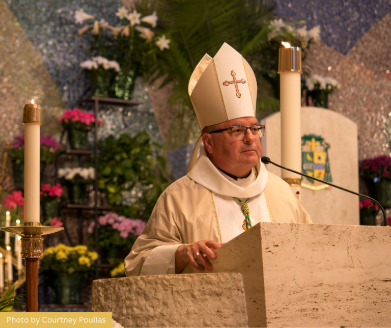 Bishop Bonnar in gold and white vestments preaches a homily in St. Columba Cathedral during Easter season, April 24, 2025. Photo by Courtney Poullas