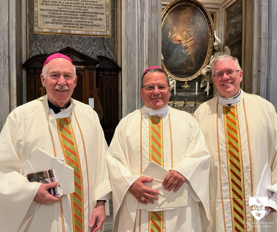 Bishop Mark Eckman, Bishop David Bonnar & Bishop Michael Woost in gold liturgical vestments in Rome